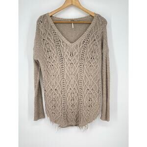 Free People Taupe Sweater Curved Raw Hem Size XS Oversized Fisherman Neutral‎